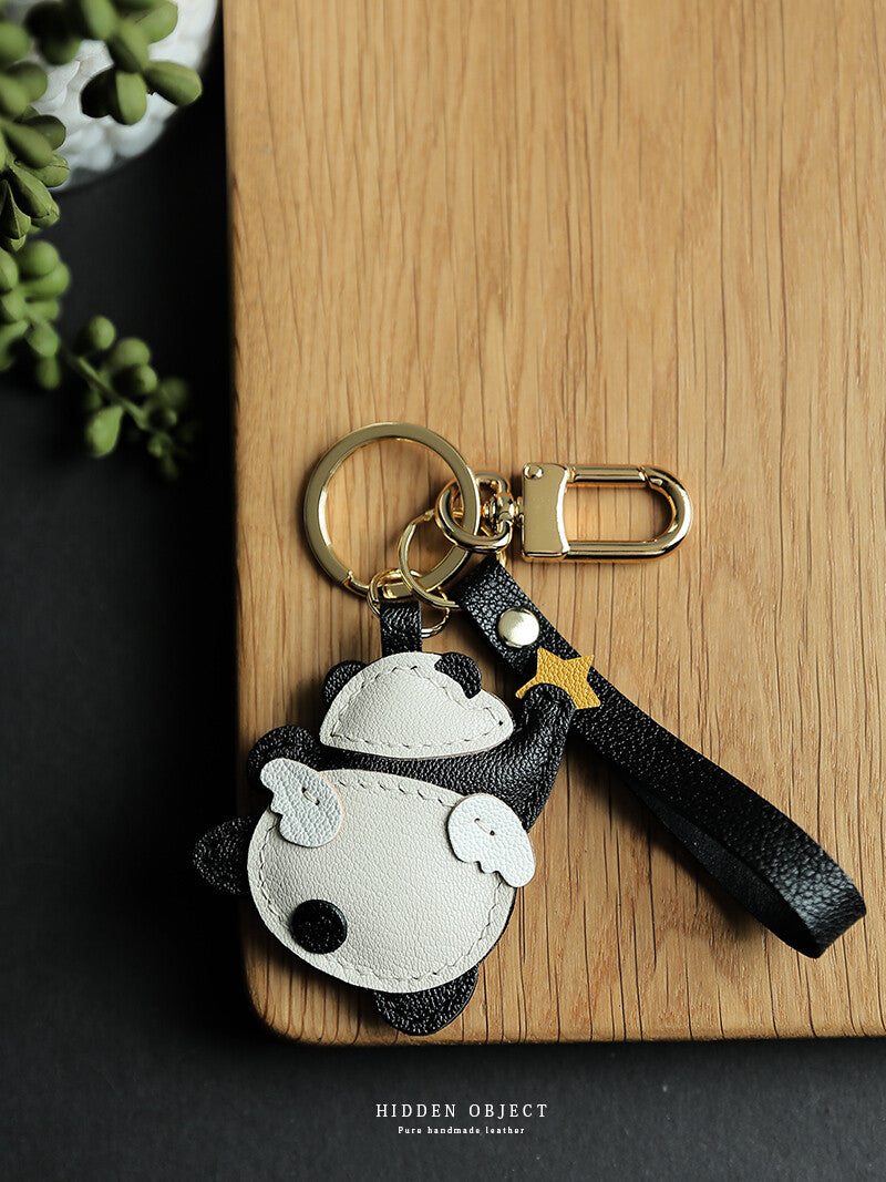 客製化15天出貨 摘月亮的熊貓 法國山羊皮 手工製作包包掛件汽車鑰匙圈掛飾