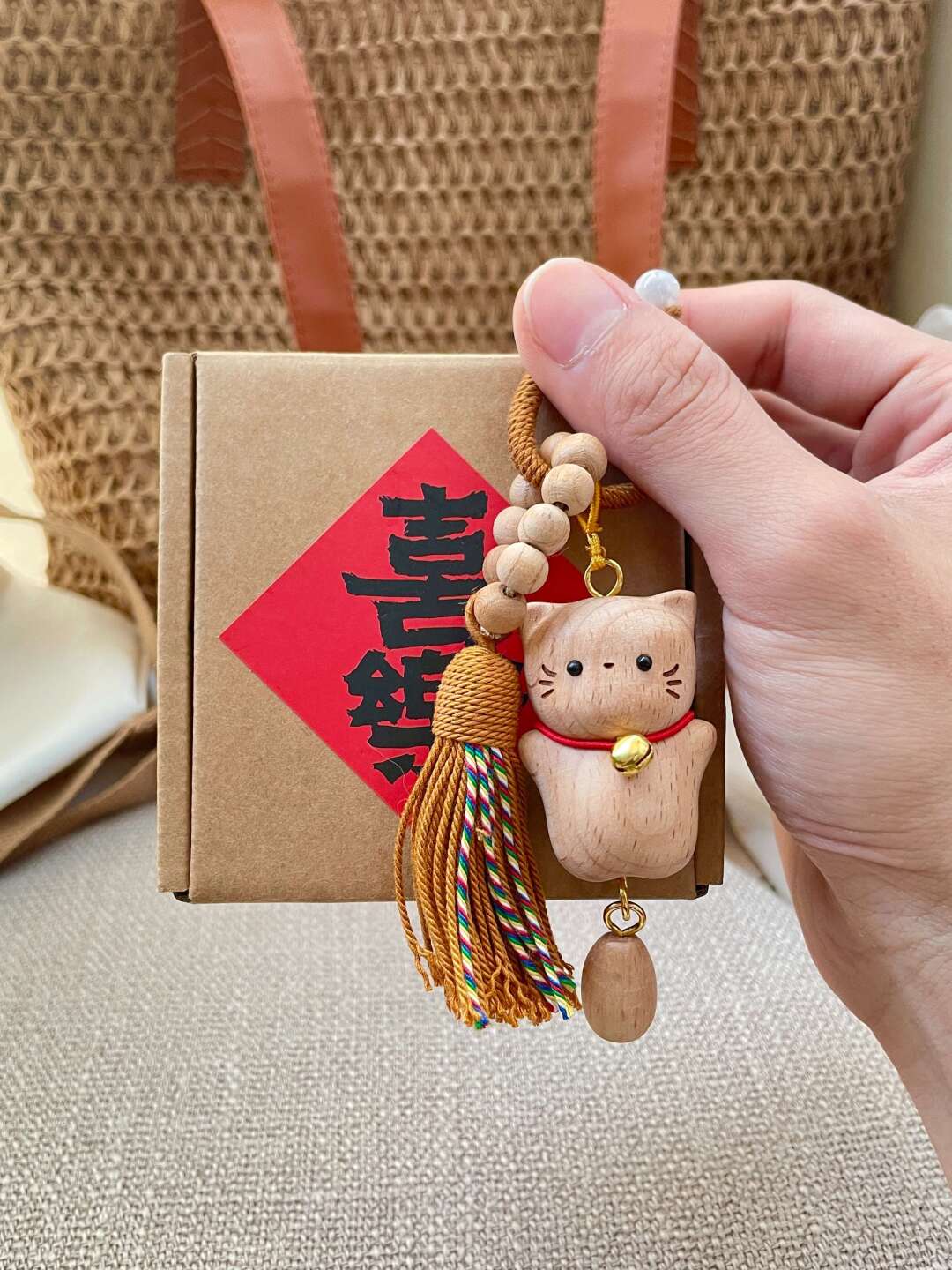 【Lucky Little Cat】Wooden Little Cat Pendant Creative Keychain Women’s Bag Charm Cute Hanging Ornament Birthday Gift