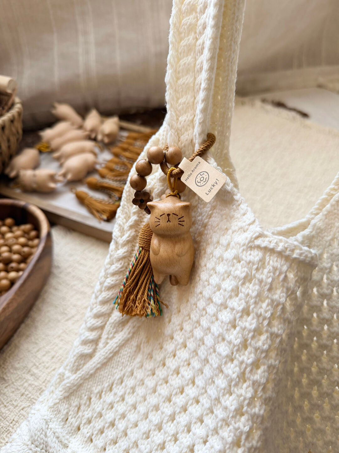 Katzen-Holzschnitzerei niedlicher Anhänger handgefertigte gewebte Taschenanhänger Handyanhänger Holz Original Anhänger Geburtstagsgeschenk Empfehlung  