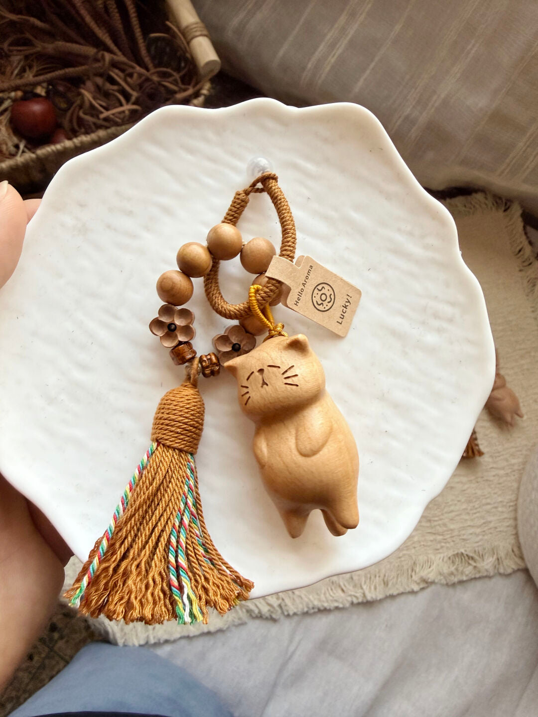 Katzen-Holzschnitzerei niedlicher Anhänger handgefertigte gewebte Taschenanhänger Handyanhänger Holz Original Anhänger Geburtstagsgeschenk Empfehlung  