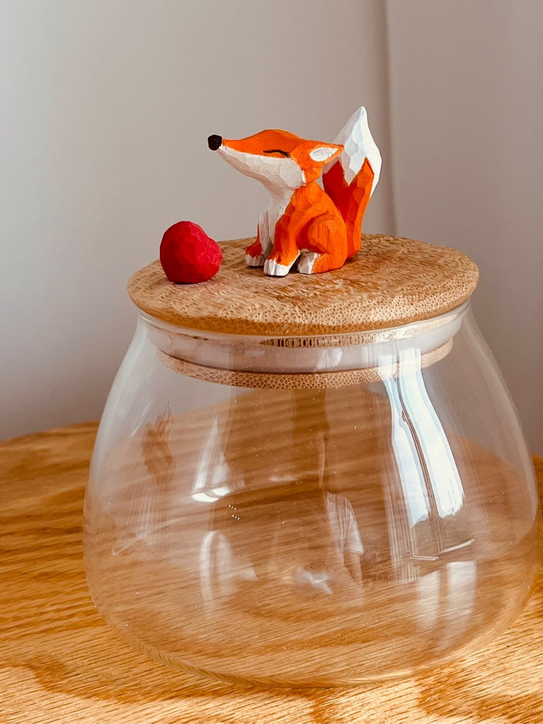 Original handmade little fox sealed jar handmade wood carving wood carving gift coffee jar tea jar textured glass jar