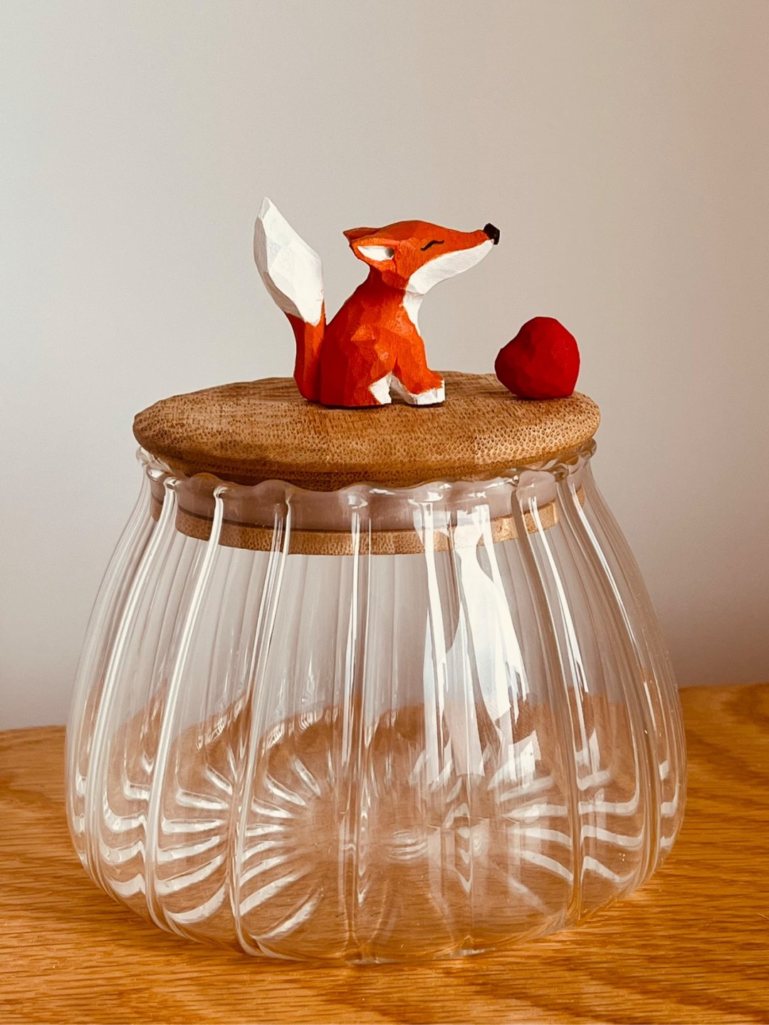 Original handmade little fox sealed jar handmade wood carving wood carving gift coffee jar tea jar textured glass jar