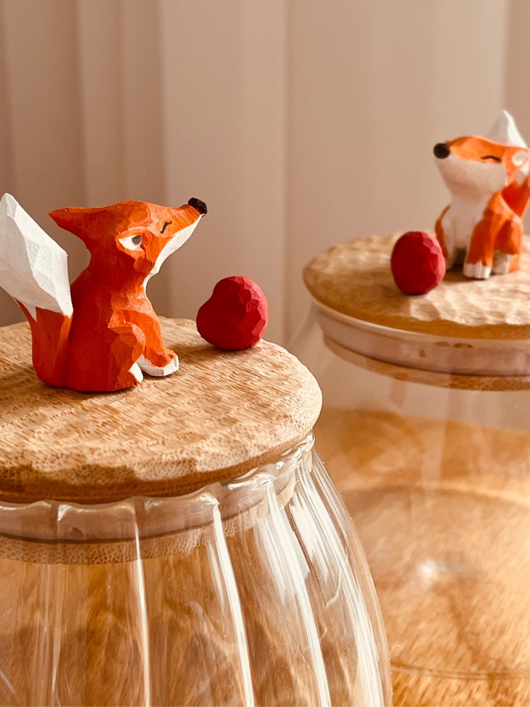 Original handmade little fox sealed jar handmade wood carving wood carving gift coffee jar tea jar textured glass jar