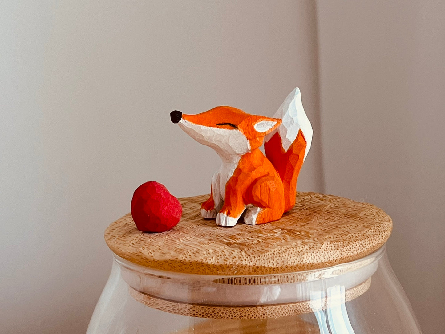 Original handmade little fox sealed jar handmade wood carving wood carving gift coffee jar tea jar textured glass jar