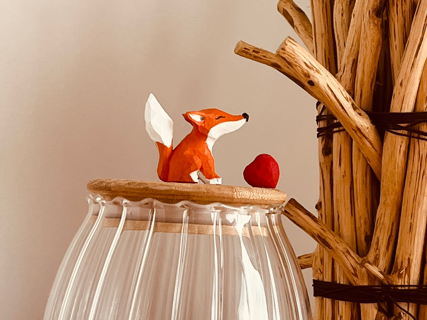 Original handmade little fox sealed jar handmade wood carving wood carving gift coffee jar tea jar textured glass jar